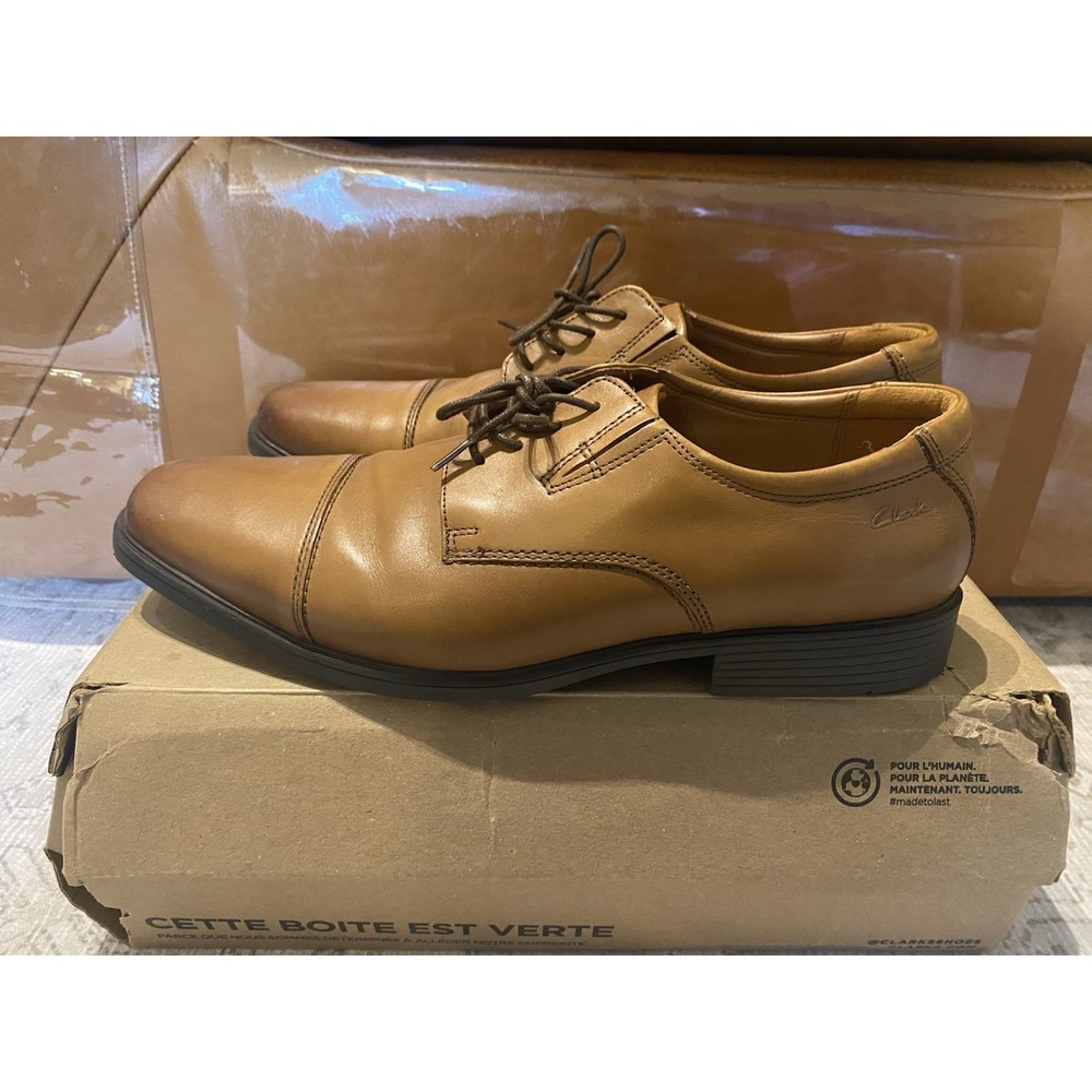 Clarks Men's 10.5 W‎ Tilden Cap Toe Oxford Dark tan Leather Dress Shoes
